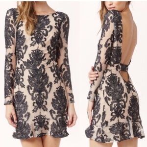 FOR LOVE AND LEMONS San Marcos Nude Black Lace Mini Dress Long Sleeve XS